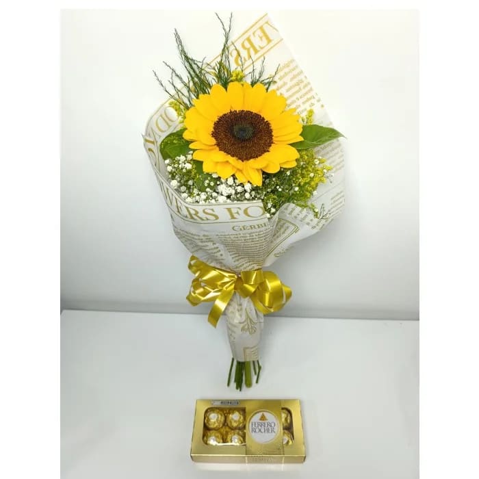 Buquê de 1 Girassol Premium com Ferrero Rocher T8 100 g (cem gramas)