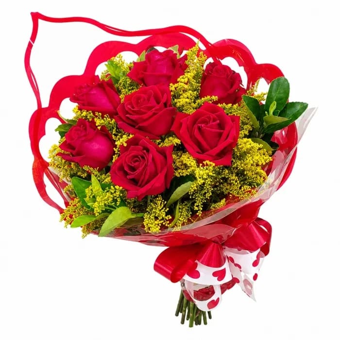 Buquê de Rosas Premium - 6 Rosas Vermelhas com Folhagens
