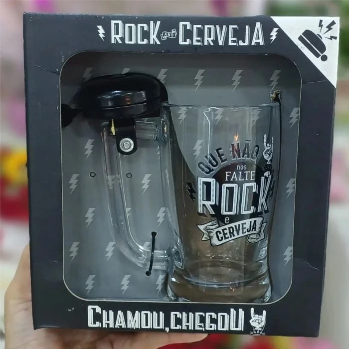 Caneca Campainha "Que não nos falte rock e cerveja" Vidro 340 ml
