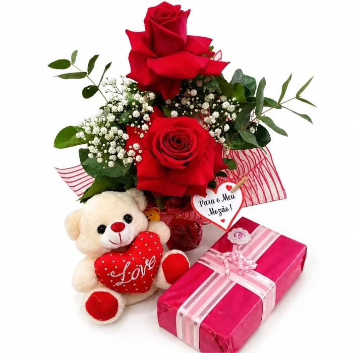Kit Arranjo de Rosas com Chocolate e Pelúcia