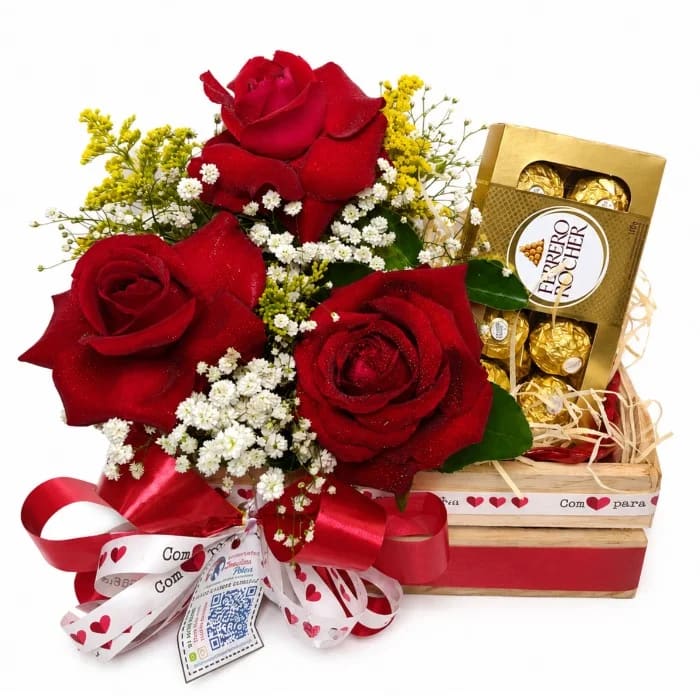 Cesta Romântica - 3 Rosas com Ferrero Rocher 100g