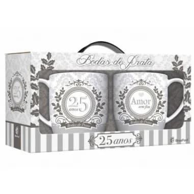 Kit Caneca Porcelana Urban Bodas de Prata 2 Unidades 300 ml (trezentos mililitros)