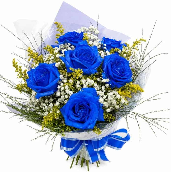 Buquê de Rosas Premium - 6 Rosas Azul com Mosquitinho e Folhagens
