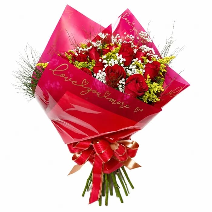 Buquê de Rosas Premium - 24 Rosas Vermelhas com Mosquitinho e Folhagens