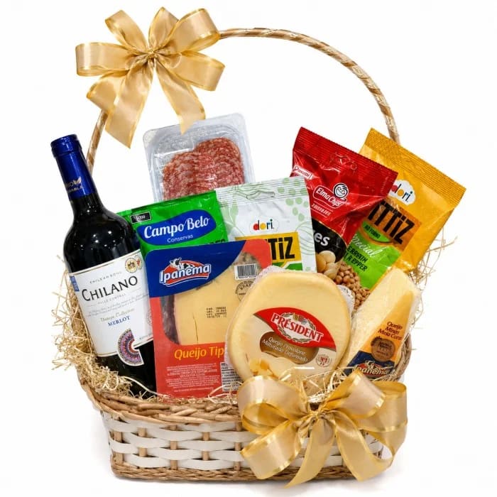 Cesta de Vinho e Queijos - Sabor e Elegância