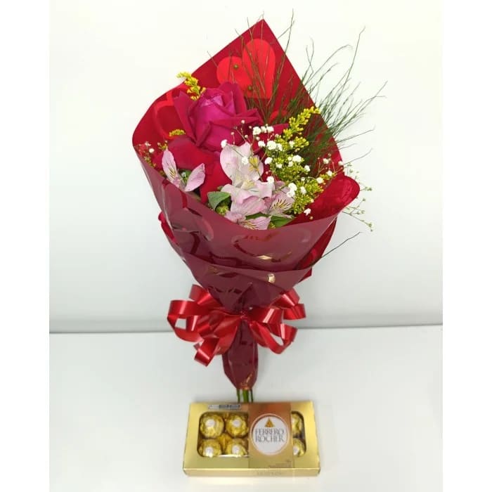 Buquê de 1 Rosa Vermelha Premium com Ferrero Rocher T8 100 g (cem gramas)