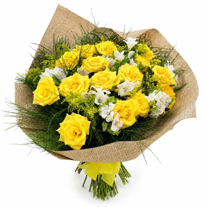 Buquê de Rosas Premium - 12 Rosas Amarelas com Astromélia e Folhagens