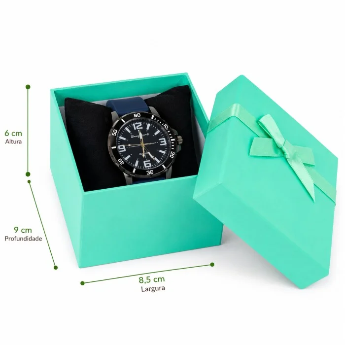 Relógio de Pulso Masculino com Pulseira de Borracha Azul Analógico em Caixa para Presente