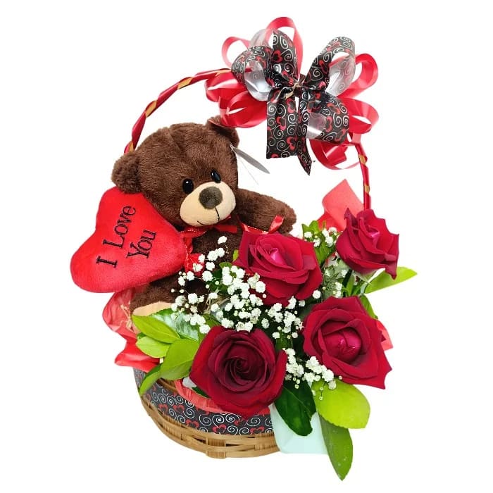 Cesta Romântica - Cesta Premium com 4 Rosas Vermelhas e Urso de Pelúcia