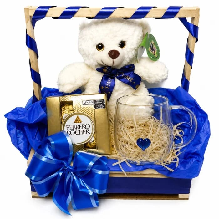 Cestas de Aniversário | Comemorativas - Cesta com Ferrero Rocher 50g, Caneca de Vidro e Pelúcia Fofinha