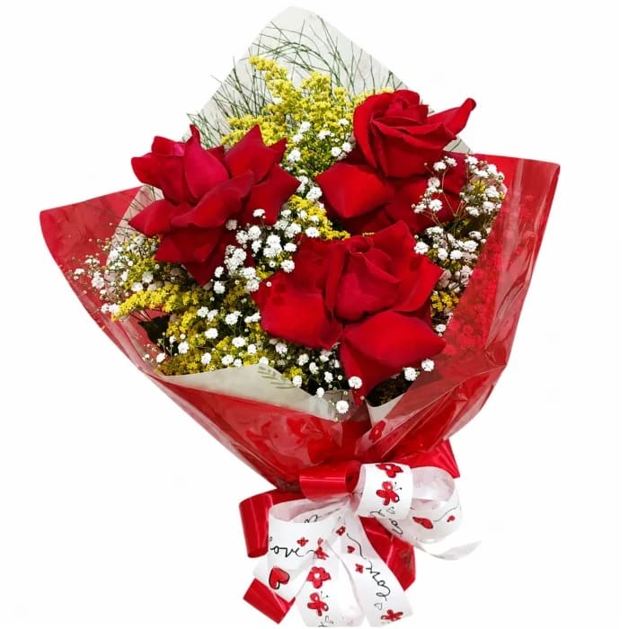 Buquê de Rosas Premium - 3 Rosas Vermelhas com Mosquitinho e Folhagens
