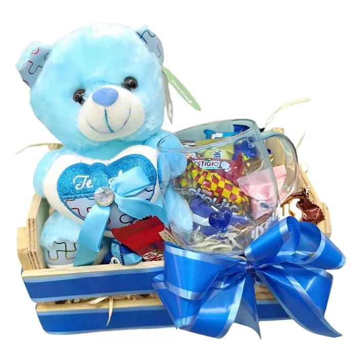 Cesta Romântica - Sonho Azul com Ursinho, Caneca de Vidro e Bombons Nestlé