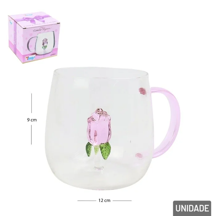 Caneca de Vidro Borossilicato 400 ml com Rosa 3D
