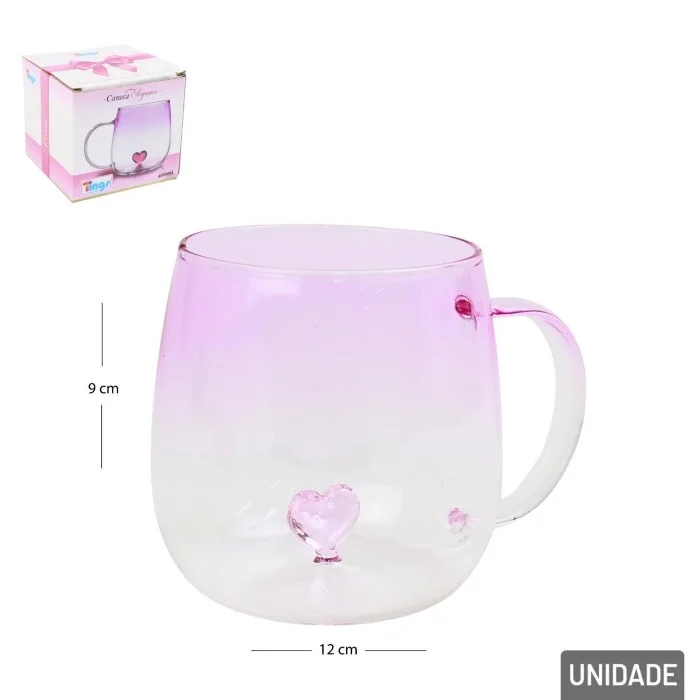Caneca de Vidro Borossilicato 400 ml com Coração 3D Rosa