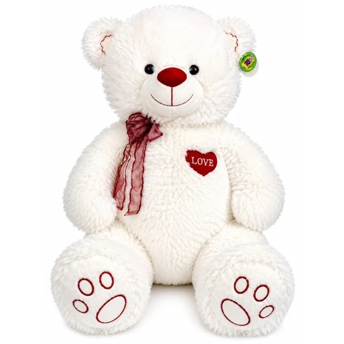 Urso com Laço e Coração 80 cm (Oitenta Centímetros) de Pelúcia Branco VTK-NT092-80U