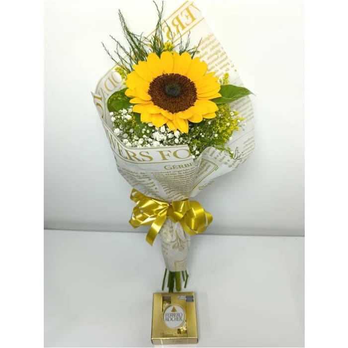 Buquê de 1 Girassol Premium com Ferrero Rocher T4 50 g (cinquenta gramas)