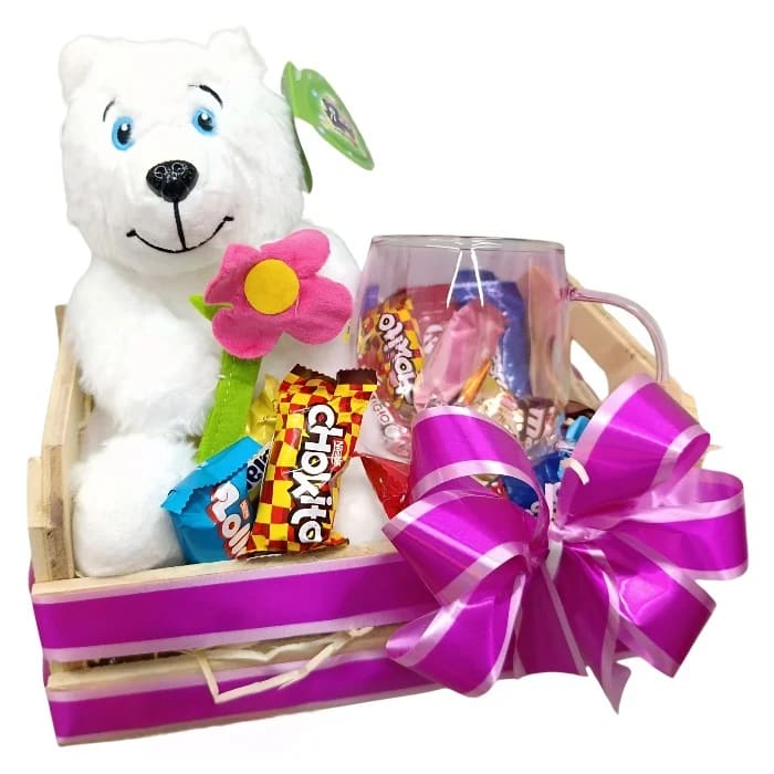 Cesta Romântica - Cesta Sonho Rosa com Ursinho, Caneca de Vidro e Bombons Nestlé