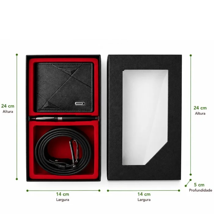 Kit Executivo Masculino para Presente com Carteira, Cinto e Caneta em Caixa Premium 24 cm