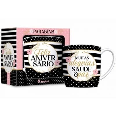 Caneca Porcelana Urban Feliz Aniversário 300 ml (trezentos mililitros) Alegria Saúde e Paz