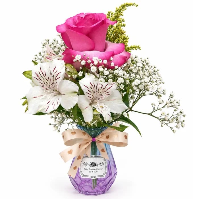 Arranjo de Flores no Vaso de Vidro - 1 Rosa Natural com Astromélias