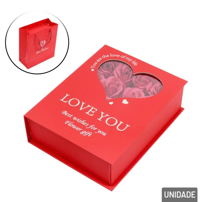 Caixa Porta Joia Romântica 13 cm com Colar e Rosas Decorativas Love You