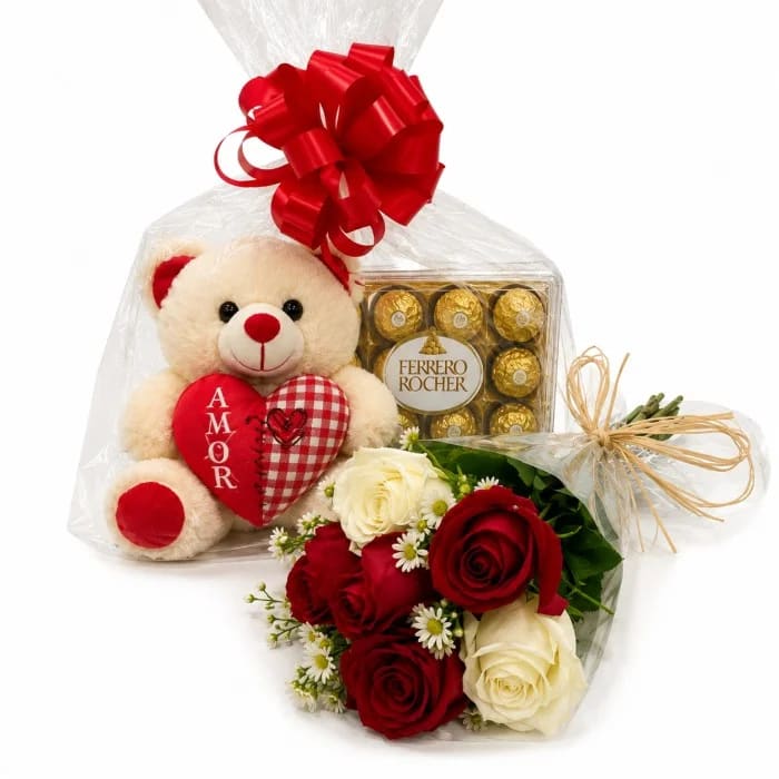 Buquê de 5 Rosas com 1 Pelúcia e 1 Ferrero Rocher 150g – Kit Mozão