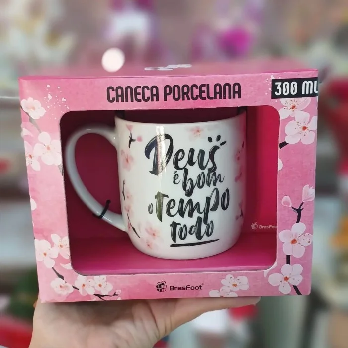 Caneca "Deus é Bom o Tempo Todo" Porcelana 300 ml