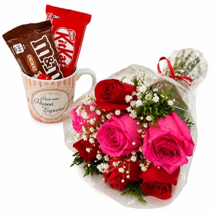 Buquê de 7 Rosas com 1 Caneca de Frases e 2 Chocolates