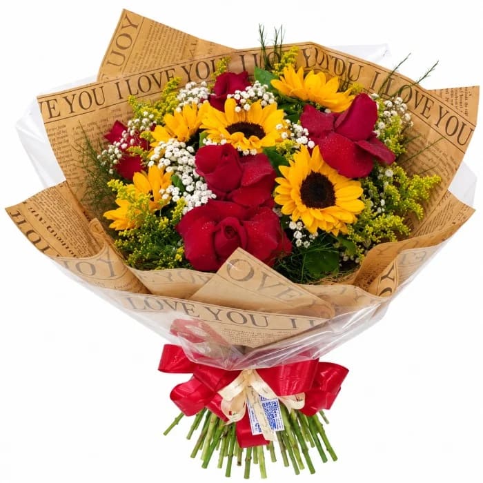 Buquê de 5 Rosas e 5 Girassóis – Premium