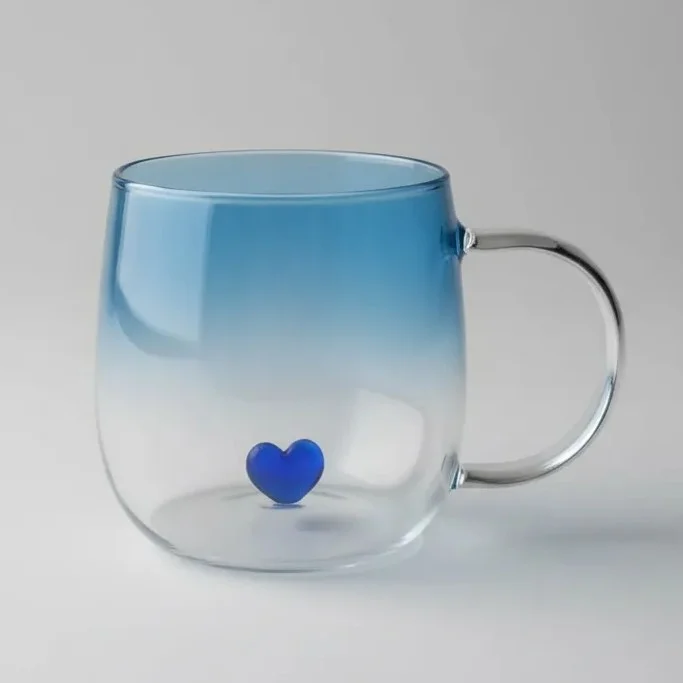 Caneca de Vidro Borossilicato 400 ml com Coração 3D Azul