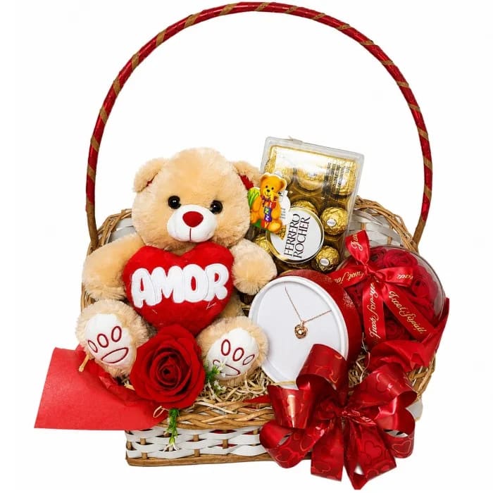 Cesta Romântica - Cesta com Urso de Pelúcia, Ferrero Rocher e Colar