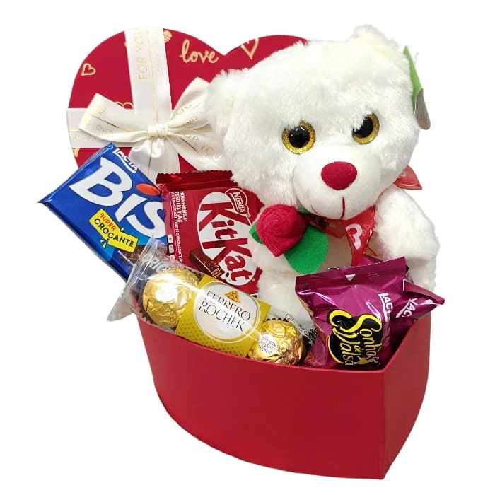 Cesta Romântica - Amor Perfeito com Urso, Ferrero Rocher, Bis e KitKat