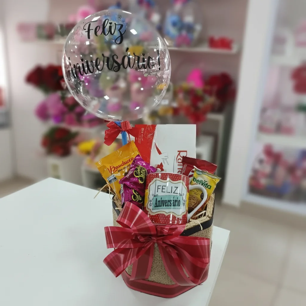 Cesta de Aniversário | Comemorativa - Doce Encanto com Balão e Caneca (Azul e Vermelho)
