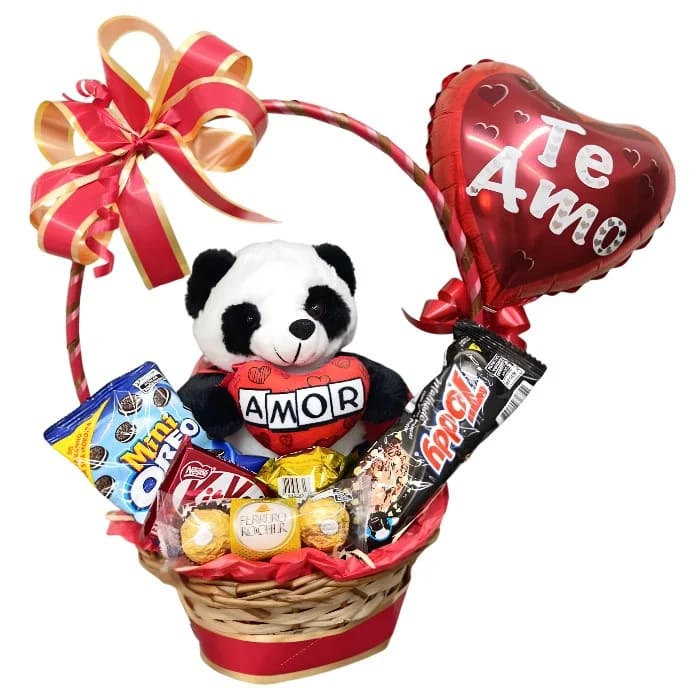 Cesta Romântica - Declaração em Cada Detalhe com Panda, Ferrero Rocher e Balão Te Amo