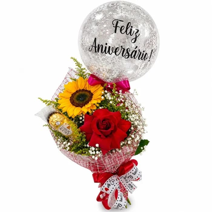 Buquê de 1 Rosa Vermelha e 1 Girassol com 1 Ferrero Rocher 37,5g e Balão “Feliz Aniversário”