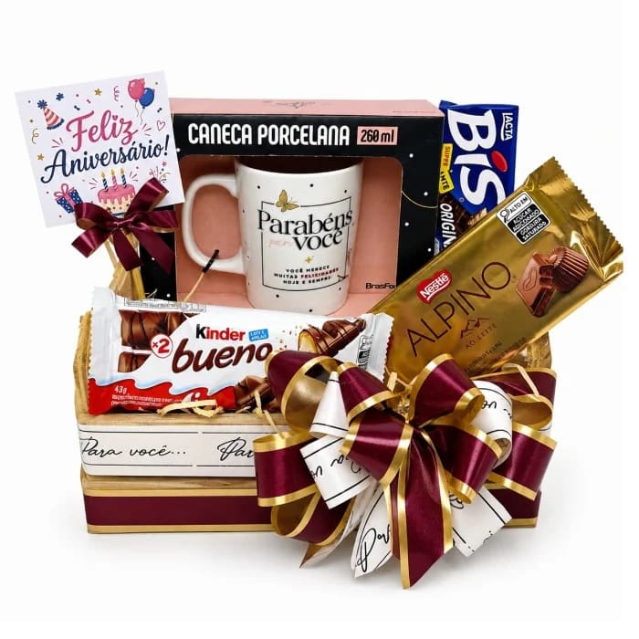 Cestas de Aniversário | Comemorativas - Cesta com Caneca Premium 300ml e Chocolates