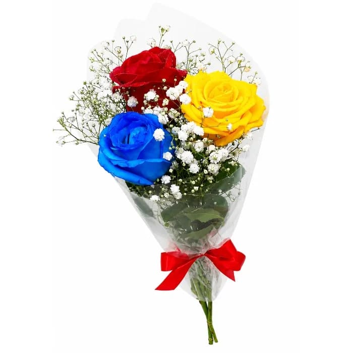 Buquê de Rosas de 3 Rosas | Amarela | Azul | Vermelha com Mosquitinho