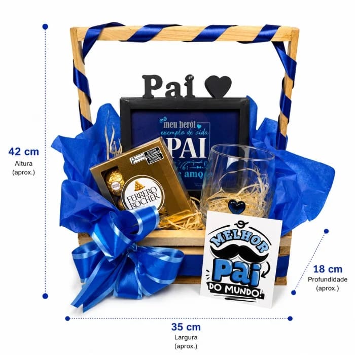 Cesta Premium Melhor Pai do Mundo com Quadro Decorativo, Copo de Vidro com Coração e Ferrero Rocher 50g (Cinquenta Gramas)