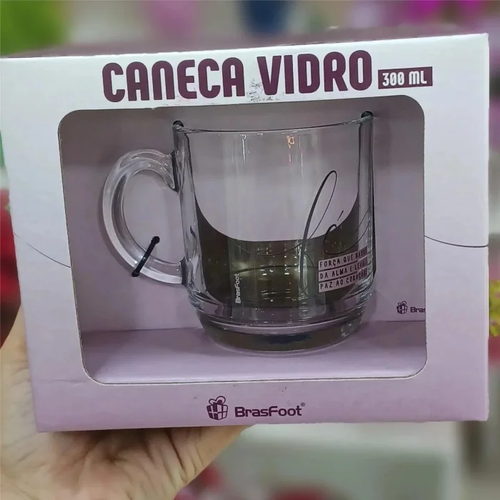 Caneca "Fé força que nasce na alma e leva paz ao coração" Vidro 300 ml
