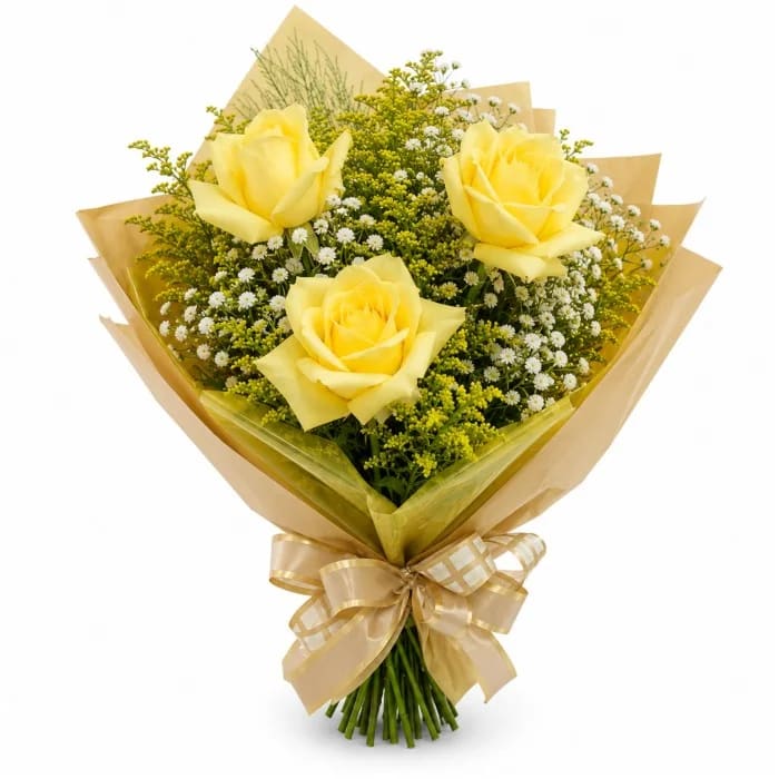 Buquê de Rosas Premium - 3 Rosas Amarelas com Mosquitinho e Folhagens