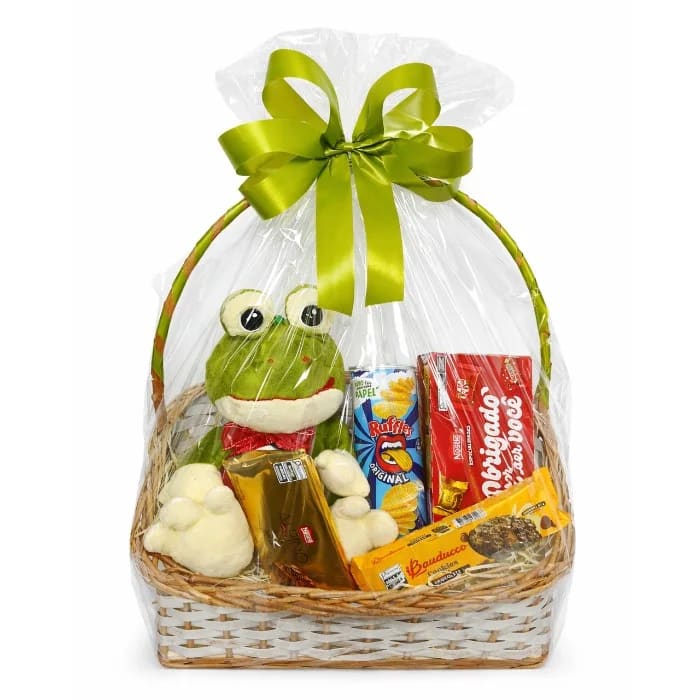 Cesta de Chocolates e Doces com Pelúcia Sapo e Mix de Chocolates e Snacks - Premium