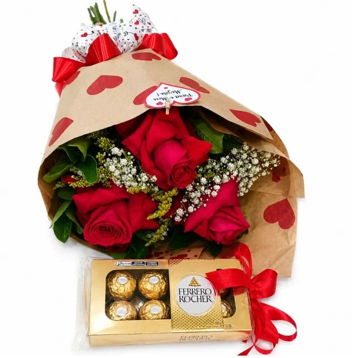 Buquê de 3 Rosas Vermelhas com Ferrero Rocher 100g – Trio