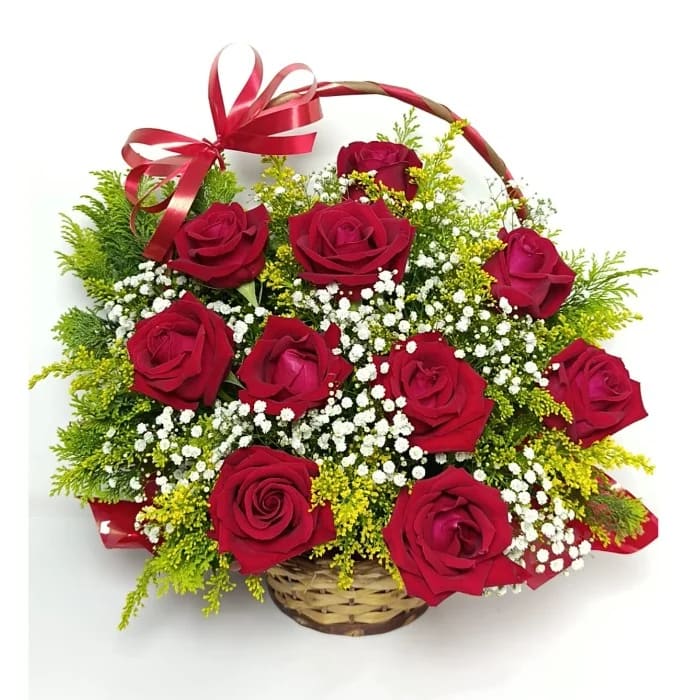 Cesta de 10 Rosas Vermelhas - Premium