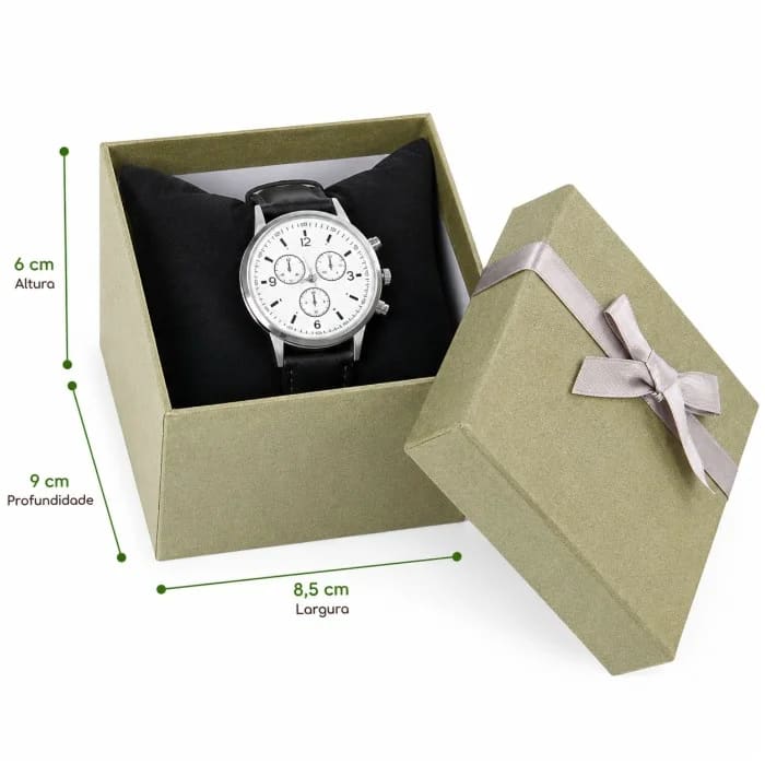 Relógio de Pulso Masculino com Pulseira de Couro Preto Analógico Fundo Branco em Caixa para Presente