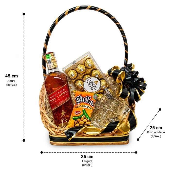 Cesta Premium com Whisky Johnnie Walker Red Label 750ml (Setecentos e Cinquenta Mililitros), Ferrero Rocher 150g (Cento e Cinquenta Gramas) e Copo Caveira