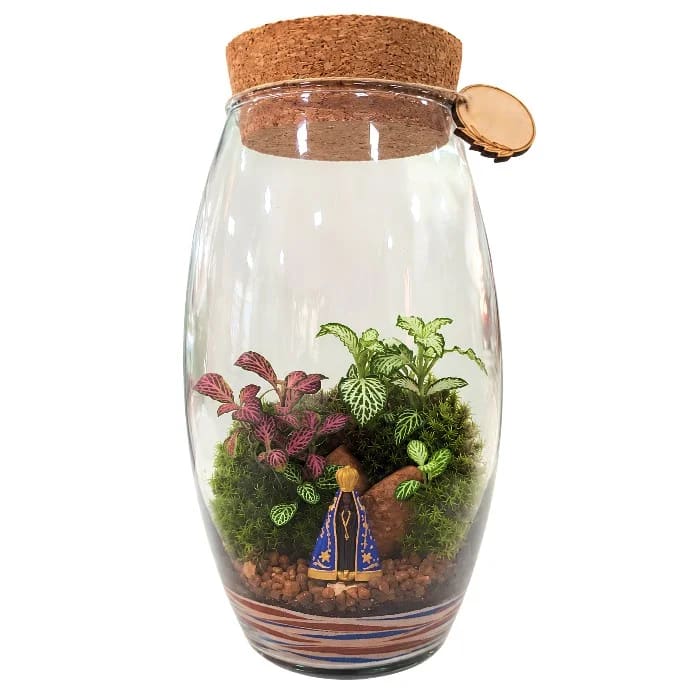 Terrário Natural com Miniatura de Nossa Senhora Aparecida em Vidro Decorativo