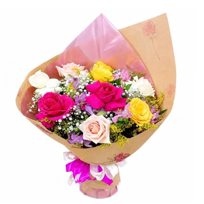 Buquê de Rosas Premium - 8 Rosas Cores Variadas com Astromélia, Mosquitinho e Folhagens
