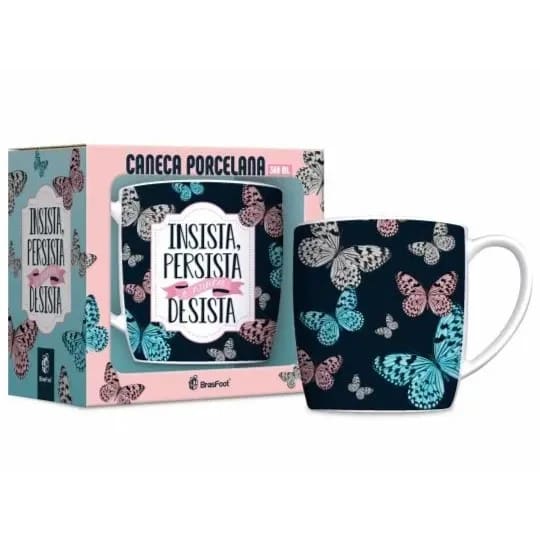 Caneca Porcelana Urban Insista Persista Nunca Desista Borboletas 300 ml (Trezentos Mililitros)