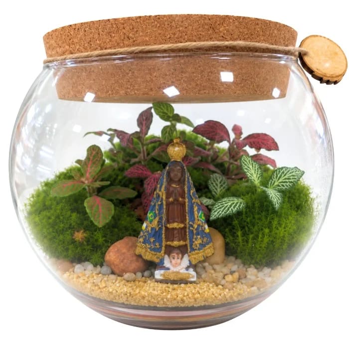 Terrário em Vidro Decorativo com Plantas Naturais e Miniatura de Nossa Senhora Aparecida