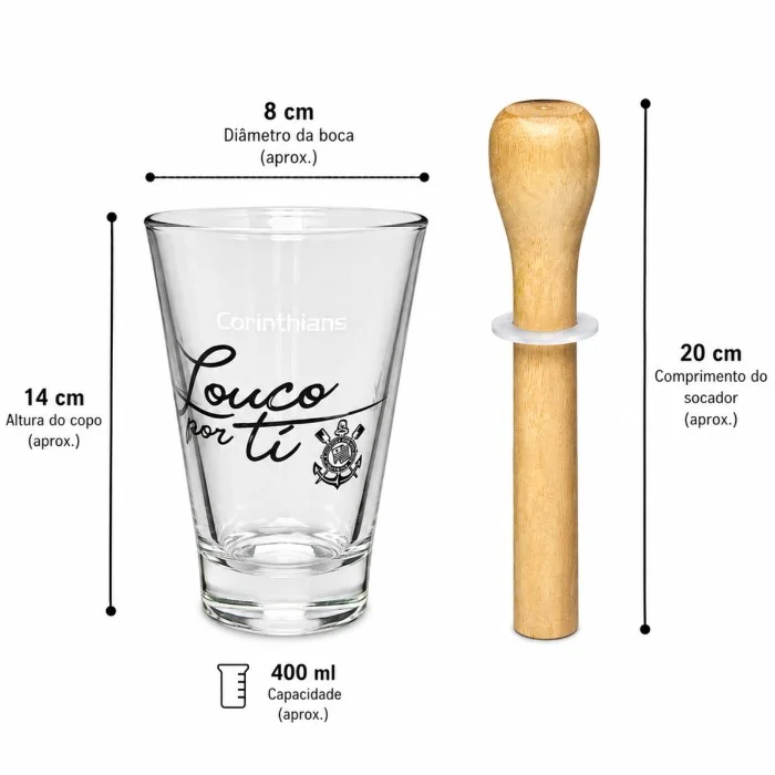 Copo de Vidro para Caipirinha 400 ml (Quatrocentos Mililitros) com Socador Corinthians
